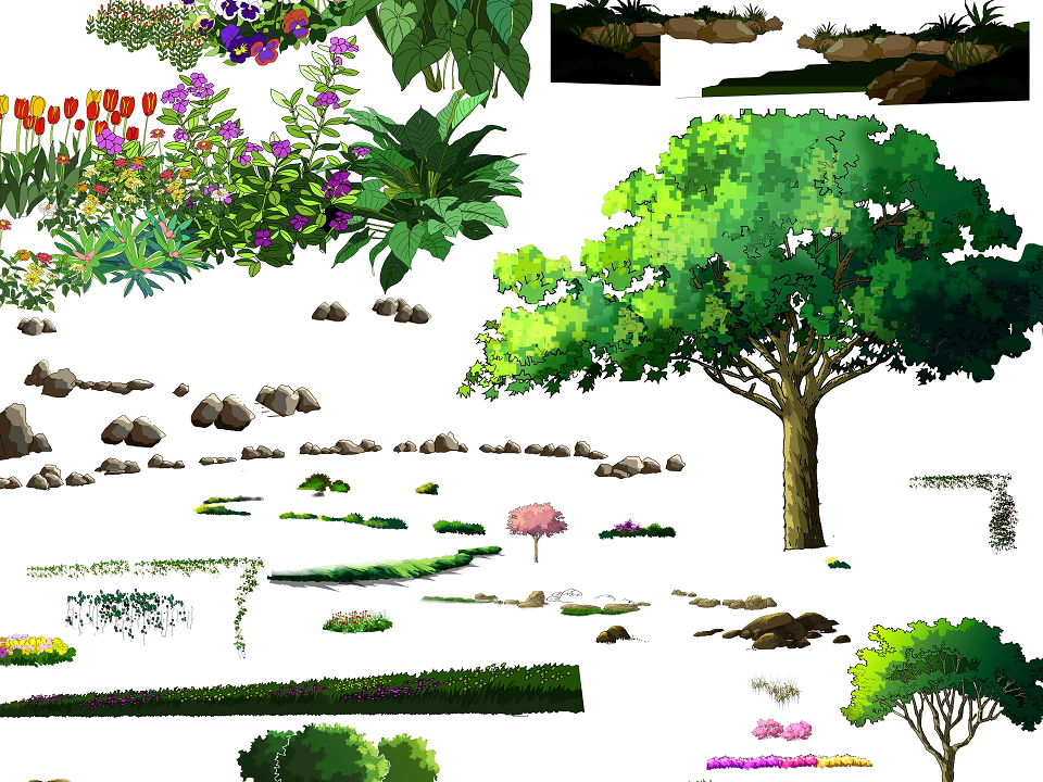 42种园林景观植物卡通手绘风格PSD素材源文件